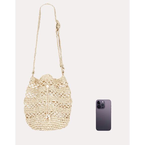 L*SPACE Nova Raffia Crossbody Bag Natural 14x11.5x9 Beach Drawstring Straw NEW - Picture 5 of 10